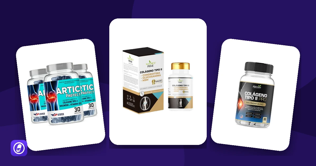Frascos de colágeno tipo 2 avaliados no AuditaDose: Artic Protect, Colágeno Tipo II + CGM e Colágeno Tipo II Pró