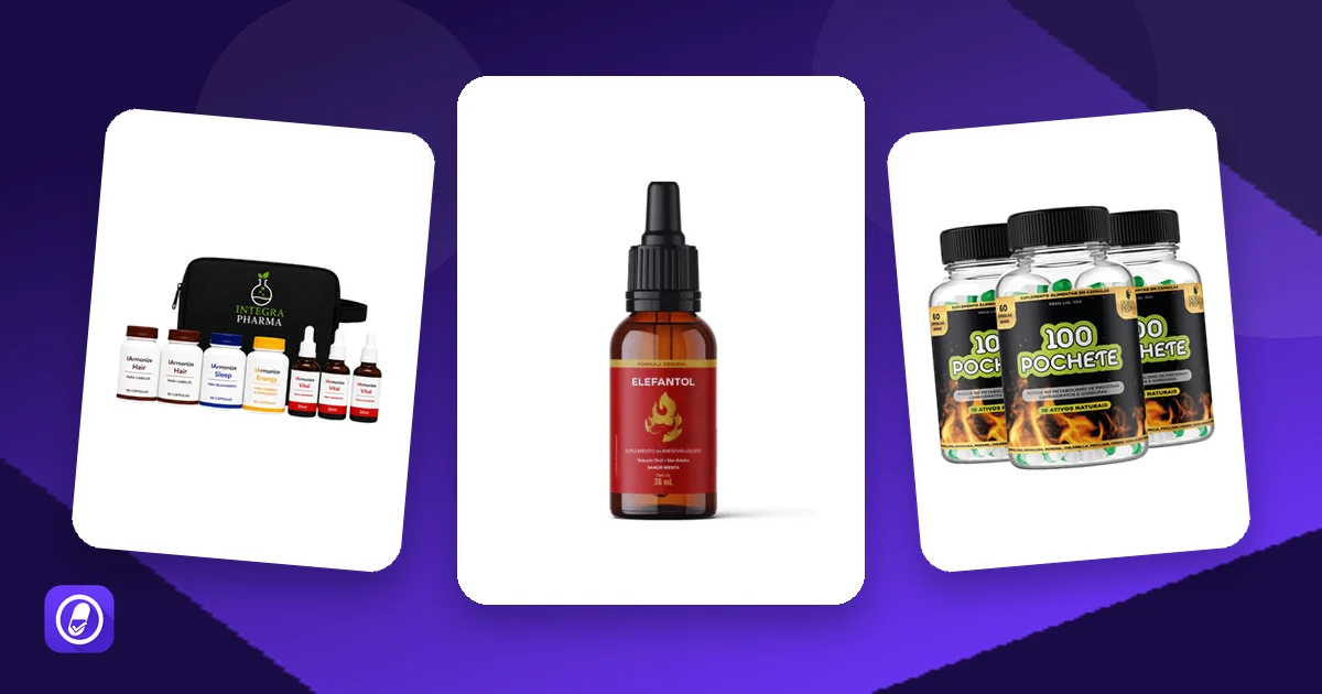 Frascos de Elefantol, Vision Prime e kit IArmonize, produtos cujas páginas de vendas não mostram CNPJ