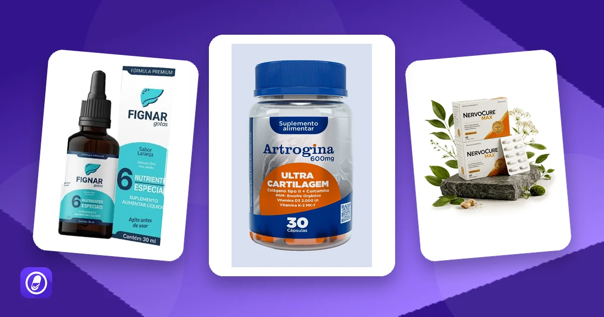 Potes de suplementos alvo de alertas da Anvisa avaliados no AuditaDose: Artrogina, Fignar Gotas e NervoCure Max