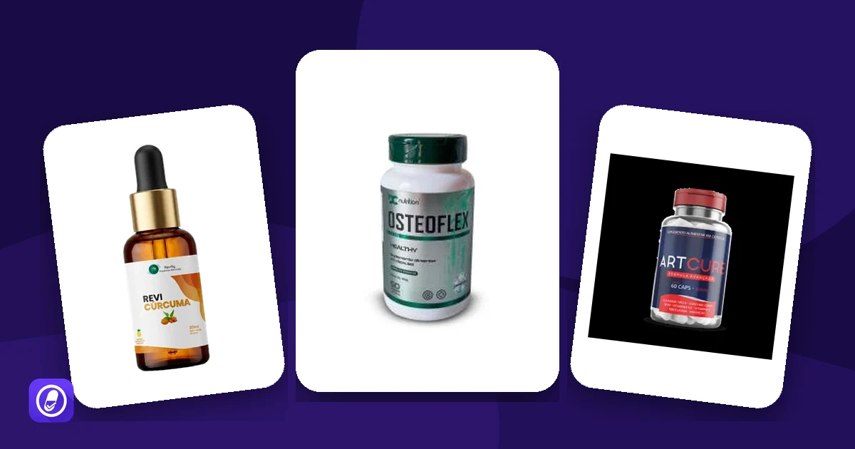 Suplementos com cúrcuma avaliados pelo AuditaDose: Revi Cúrcuma em Gota, OsteoFlex Healthy e Artcure