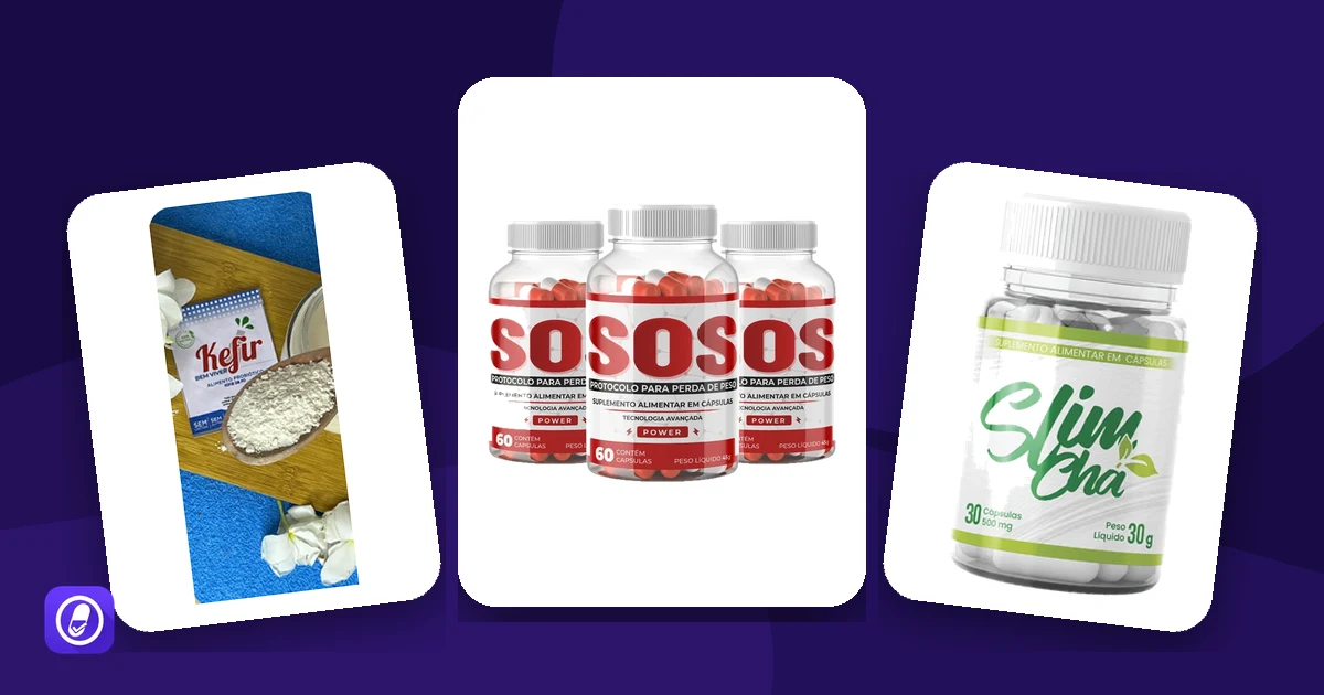 Embalagens de três produtos avaliados pelo AuditaDose: Kefir em Pó, Protocolo SOS e SlimChá Oficial