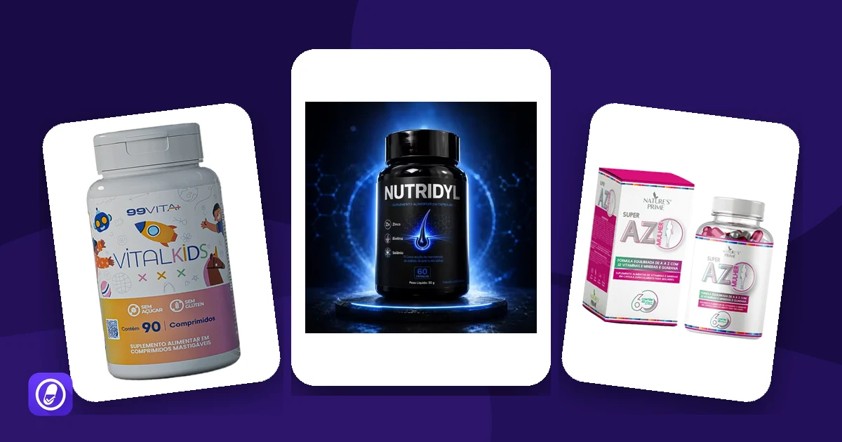 Embalagens de multivitamínicos que contêm ferro avaliados pelo AuditaDose: VitalKids, Nutridyl e Super AZ Mulher