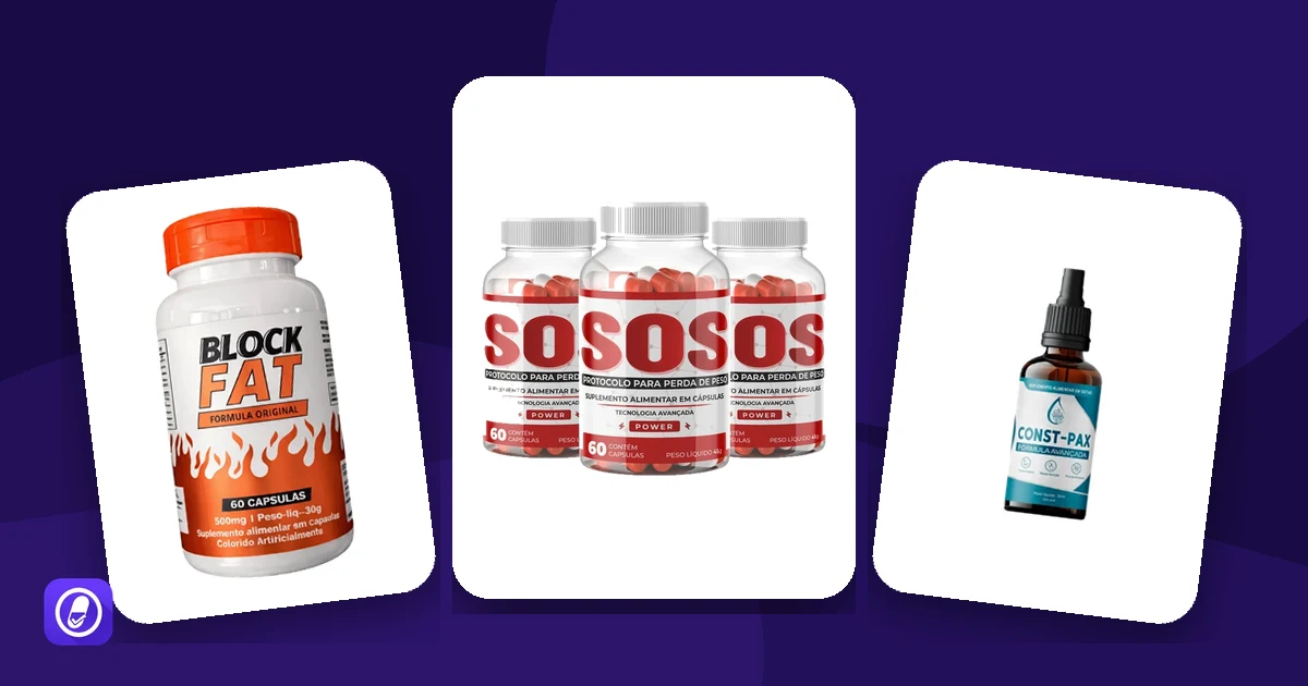Produtos avaliados com psyllium e fibras: BlockFat, Protocolo SOS e CONST-PAX