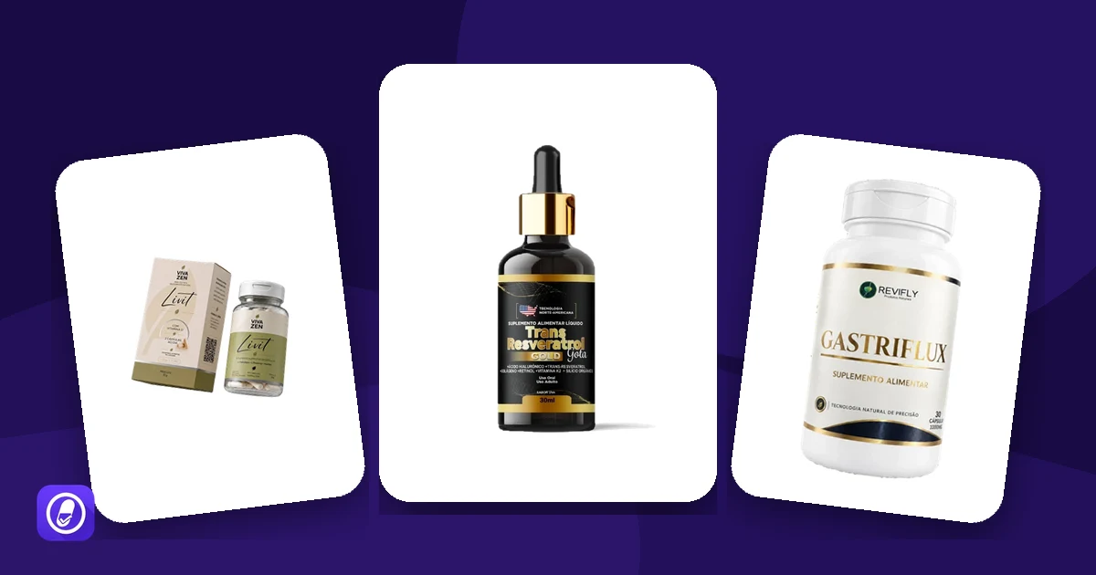Frascos de Livit, Trans Resveratrol Gota e GastriFlux, suplementos avaliados com alertas de interação com medicamentos