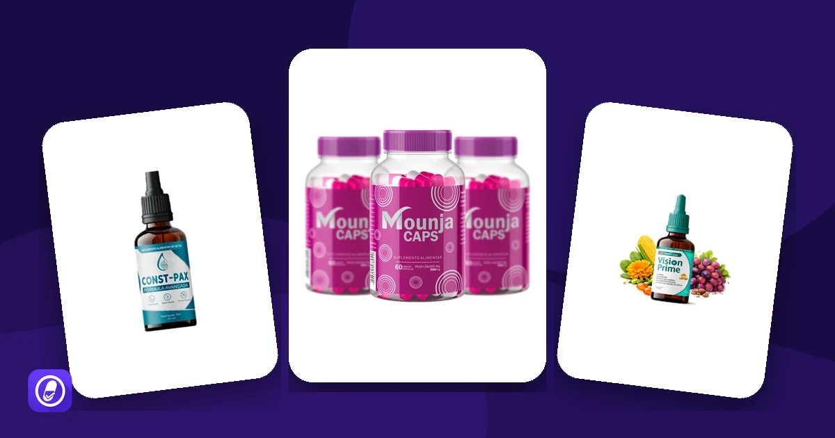 Capas das avaliações de CONST-PAX, Mounja Caps e Vision Prime, produtos vendidos em kits de vários potes
