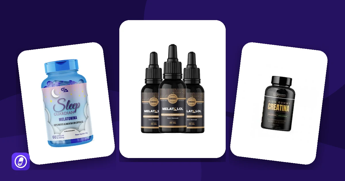 Embalagens de Sleep Guardian, Melatolol e Zion Gummy Creatina, suplementos avaliados cujos ingredientes e limites foram conferidos na norma da Anvisa