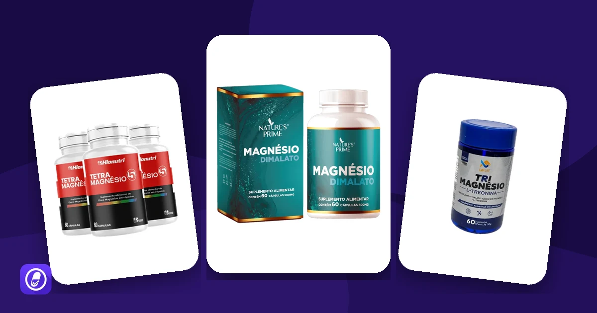 Potes de suplementos de magnésio avaliados pelo AuditaDose: Tetra Magnésio 5, Magnésio Dimalato e Tri Magnésio