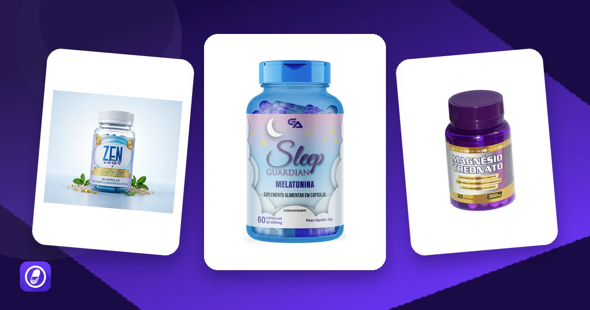 Frascos de suplementos de sono avaliados pelo AuditaDose: Sleep Guardian, Zen Caps e Livit