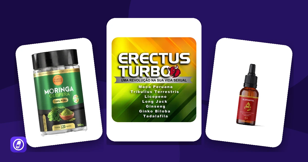Embalagens de três suplementos avaliados pelo AuditaDose: Moringa Cápsulas 100% Pura, Erectus Caps Turbo e Elefantol