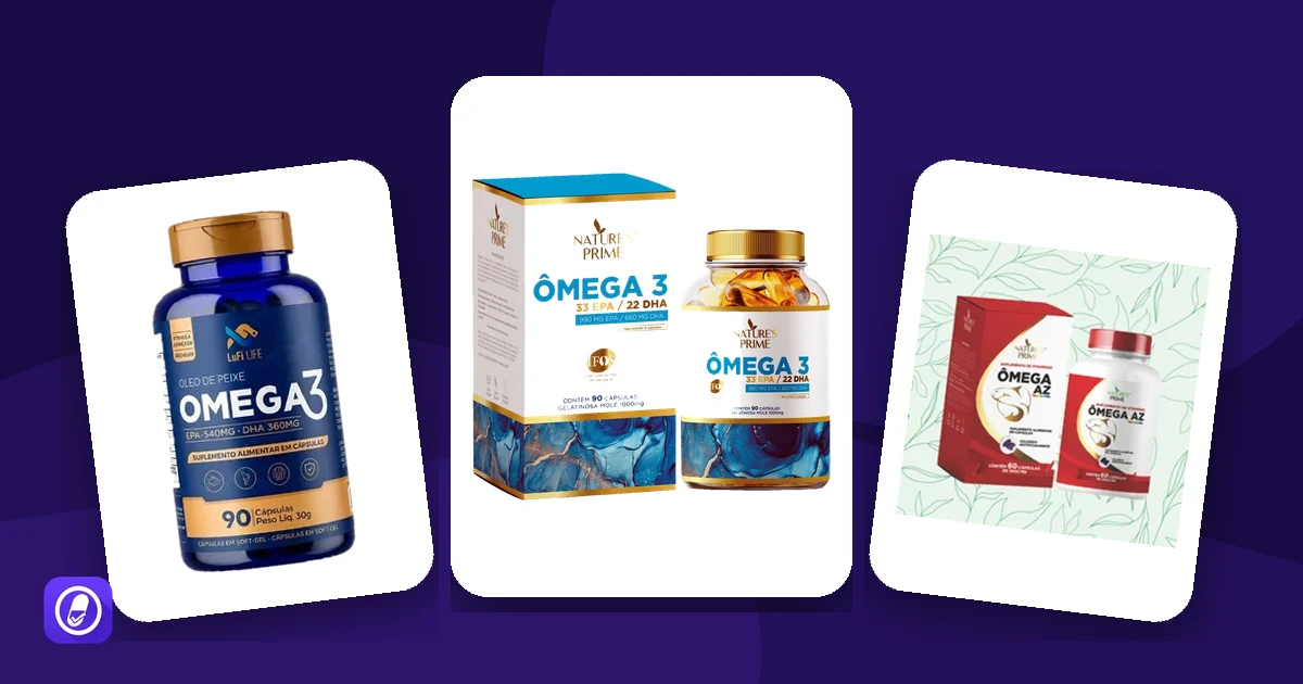 Frascos de ômega-3 avaliados pelo AuditaDose: Ômega 3 da LuFi Life, Ômega 3 33/22 e Ômega AZ da Nature's Prime