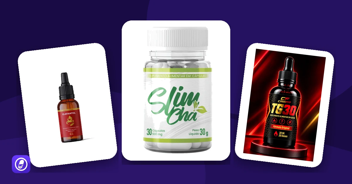 Embalagens de três suplementos avaliados, usados como exemplo de preços riscados e kits