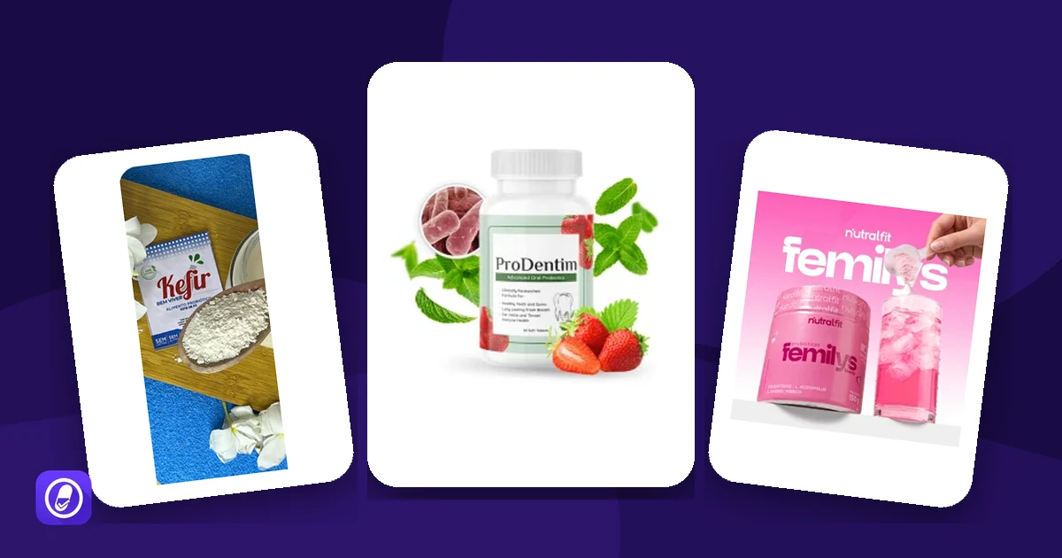 Embalagens de probióticos avaliados pelo AuditaDose: Kefir em Pó, ProDentim e Femilys Beauty