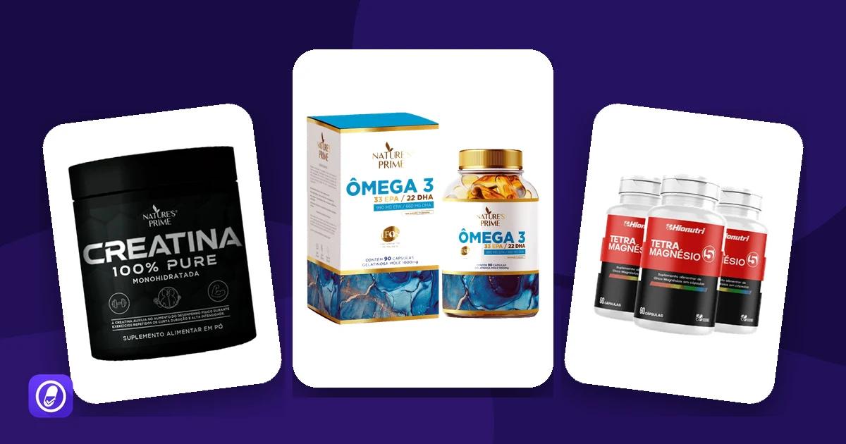 Três suplementos avaliados: creatina, ômega 3 e magnésio