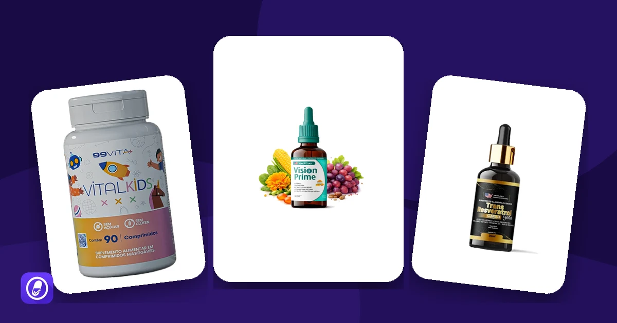 Frascos de VitalKids, Vision Prime e Trans Resveratrol Gota, suplementos avaliados que se apresentam como importados ou de fórmula americana