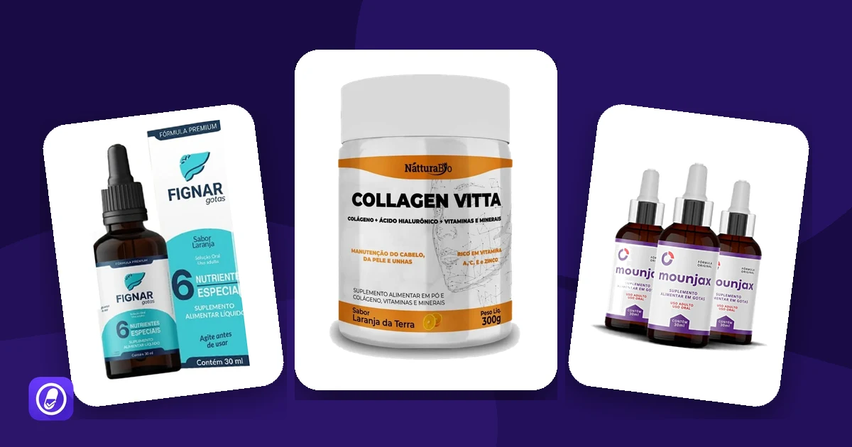 Frascos de suplementos avaliados cujas páginas alertam contra falsificação em marketplaces