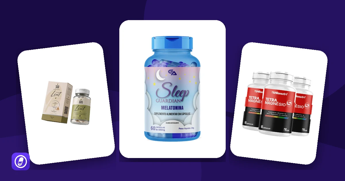 Frascos de suplementos de sono avaliados pelo AuditaDose: Livit, Sleep Guardian e Tetra Magnésio 5