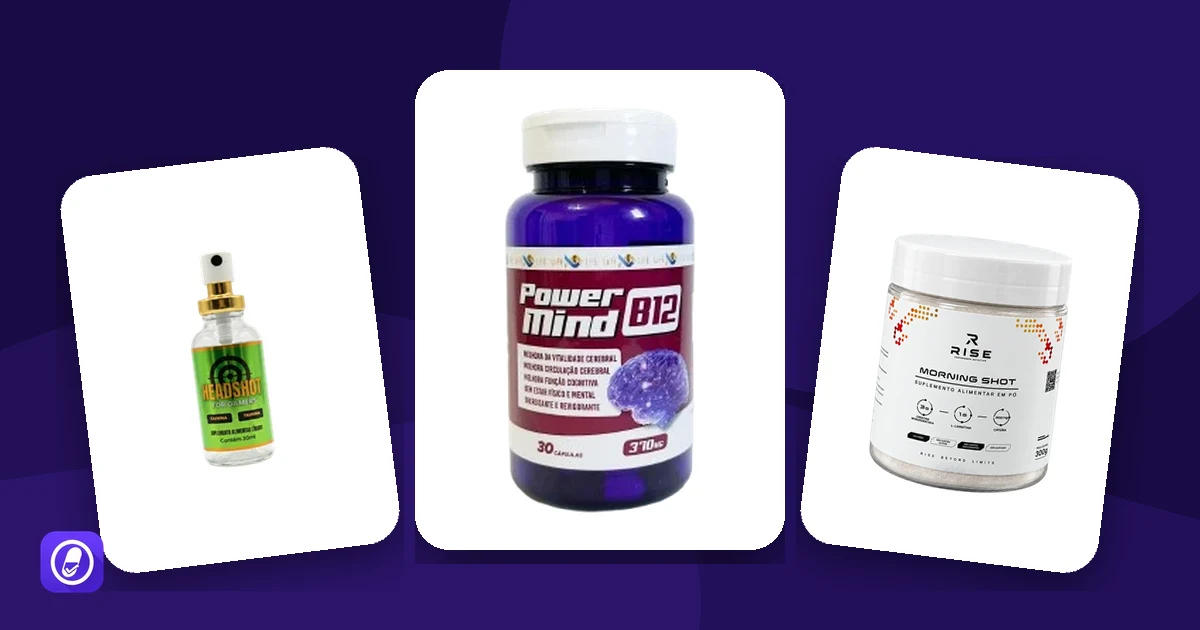 Embalagens de três suplementos de energia e foco avaliados pelo AuditaDose: HeadShot, Power Mind B12 e RISE Morning Shot