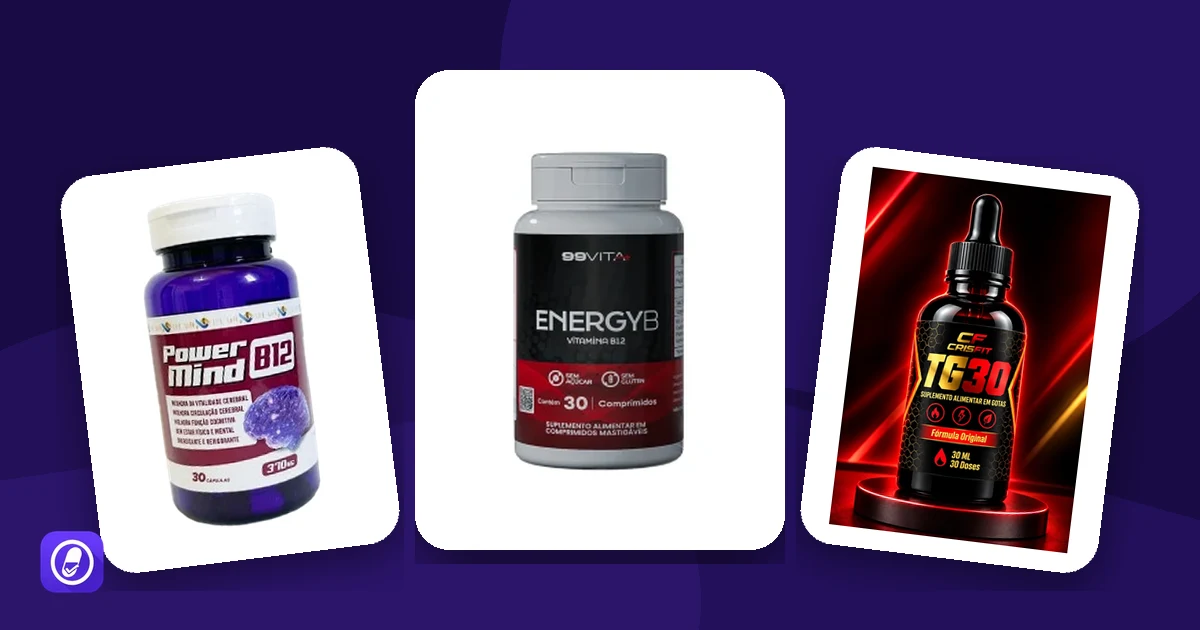 Embalagens de suplementos com vitamina B12 avaliados pelo AuditaDose: Power Mind B12, EnergyB e TG30
