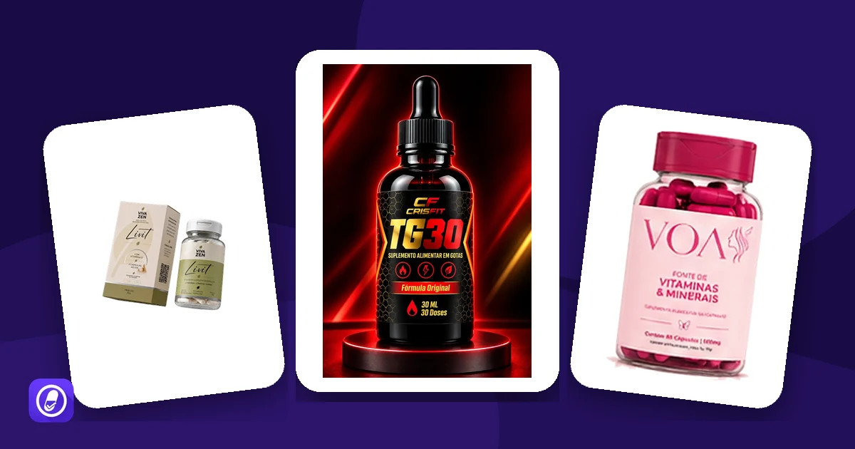 Frascos de suplementos com vitamina D avaliados pelo AuditaDose: Livit, TG30 e Vitamina Capilar VOA