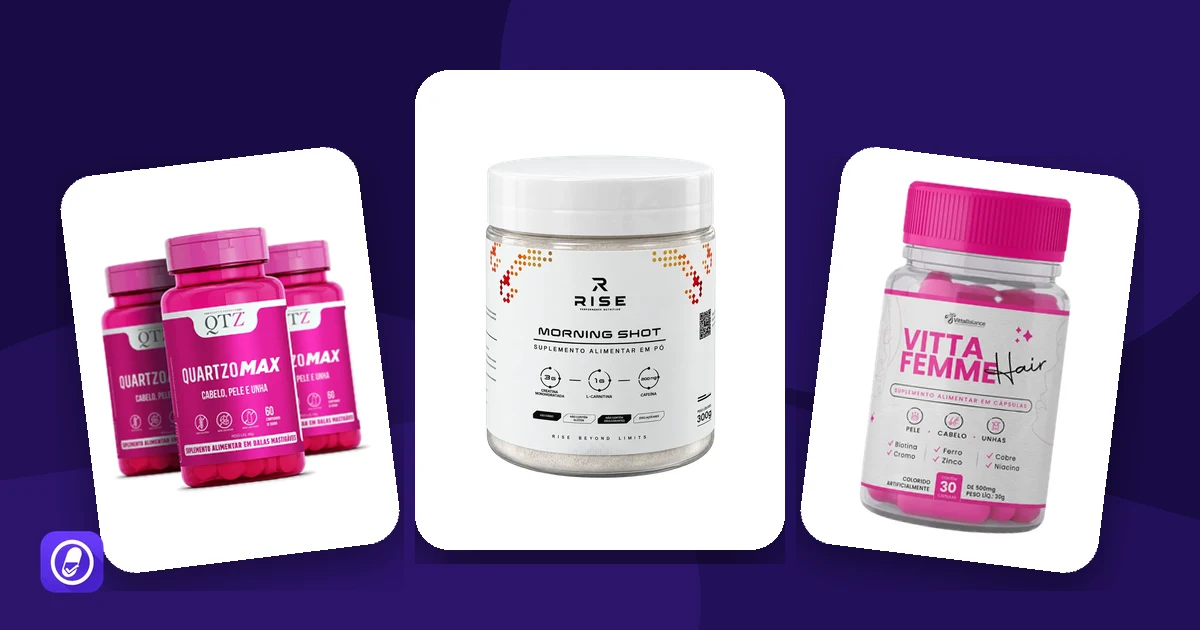 Suplementos com zinco avaliados pelo AuditaDose: QuartzoMax, RISE Morning Shot e Vitta Femme Hair