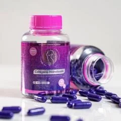 Frasco roxo com tampa rosa do Colágeno Hidrolisado CorpusBe, com cápsulas roxas espalhadas ao lado
