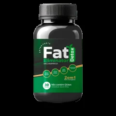 Pote preto de cápsulas Fat Eliminator Detox com rótulo verde, indicação Extra Forte, selo sem glúten e 30 cápsulas