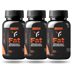Três potes pretos do suplemento Fat Eliminator Accelerator, com rótulo preto e laranja e a indicação de 30 cápsulas