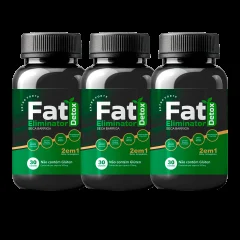 Três potes verdes do suplemento Fat Eliminator Detox com a indicação 2 em 1