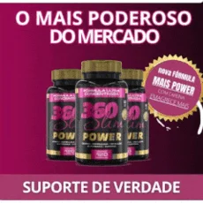 Três potes pretos do suplemento 360Slim Power em arte de divulgação com a frase Nova fórmula mais power com cafeína