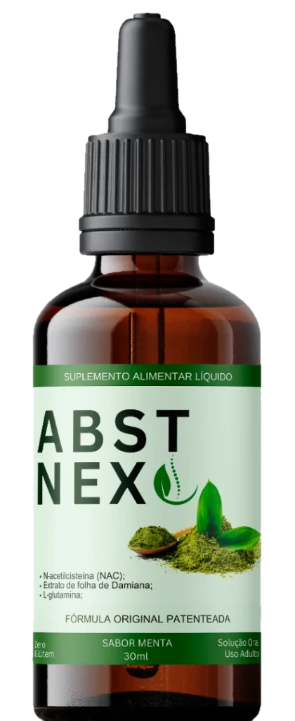 Frasco conta-gotas âmbar de 30 ml do Abstnex, com rótulo verde que lista N-acetilcisteína, extrato de folha de Damiana e L-glutamina