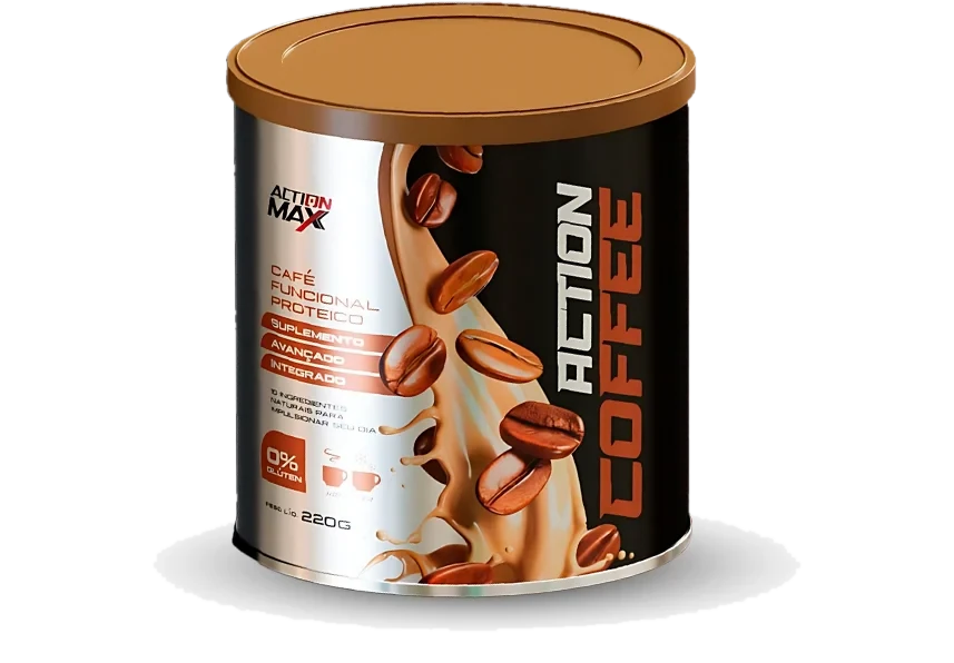 Lata de 220 g do Action Coffee, da Action Max, com rótulo prateado e preto com grãos de café, selo 0% glúten