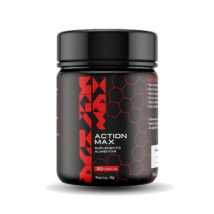 Pote preto com rótulo vermelho e preto do Action MAX, suplemento alimentar de 30 cápsulas e 30 g de peso líquido