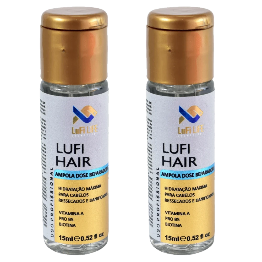 Frasco de 15 ml da Ampola Dose Reparadora LuFi Hair, com tampa dourada e rótulo branco e dourado que cita Vitamina A, Pró B5 e Biotina