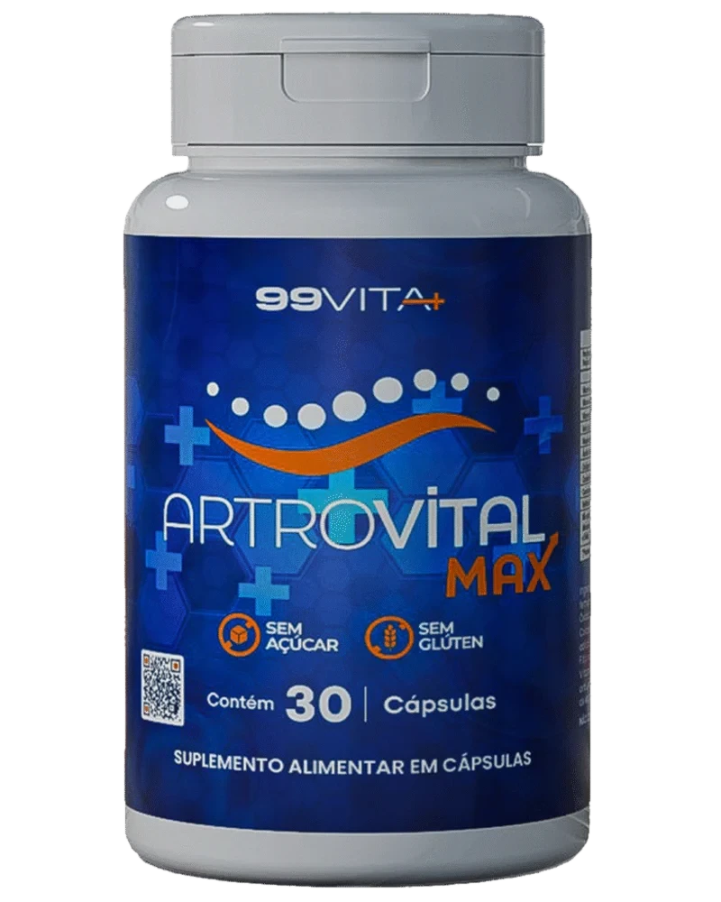 Frasco branco e azul do Artrovital Max, da marca 99VITA+, com 30 cápsulas, com os selos sem açúcar e sem glúten
