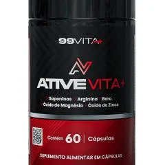 Frasco preto do suplemento ATIVEVITA+ da 99VITA+ com 60 cápsulas e lista de ingredientes: saponinas, arginina, boro, óxido de magnésio e óxido de zinco