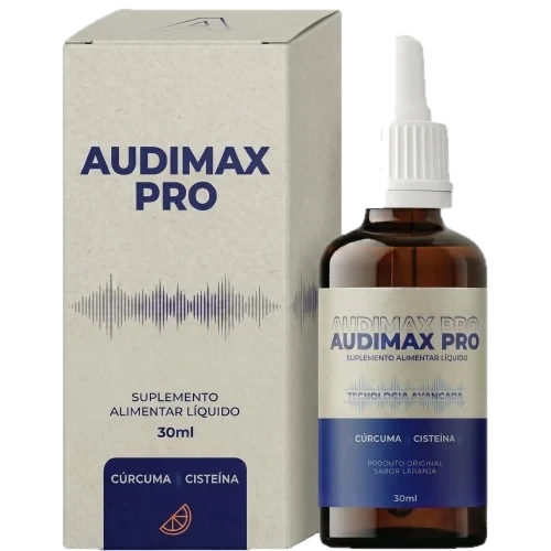 Frasco conta-gotas de 30 ml e caixa do Audimax Pro, suplemento alimentar líquido com cúrcuma e cisteína