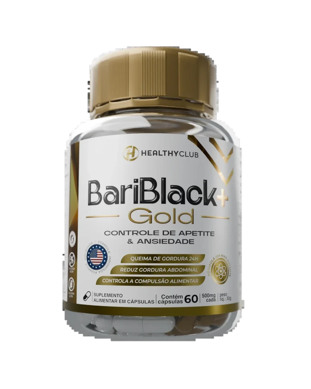 Frasco do BariBlack+ Gold, da Healthy Club, com tampa dourada e rótulo branco e dourado: suplemento alimentar em cápsulas, 60 cápsulas de 500 mg, peso líquido de 30 g