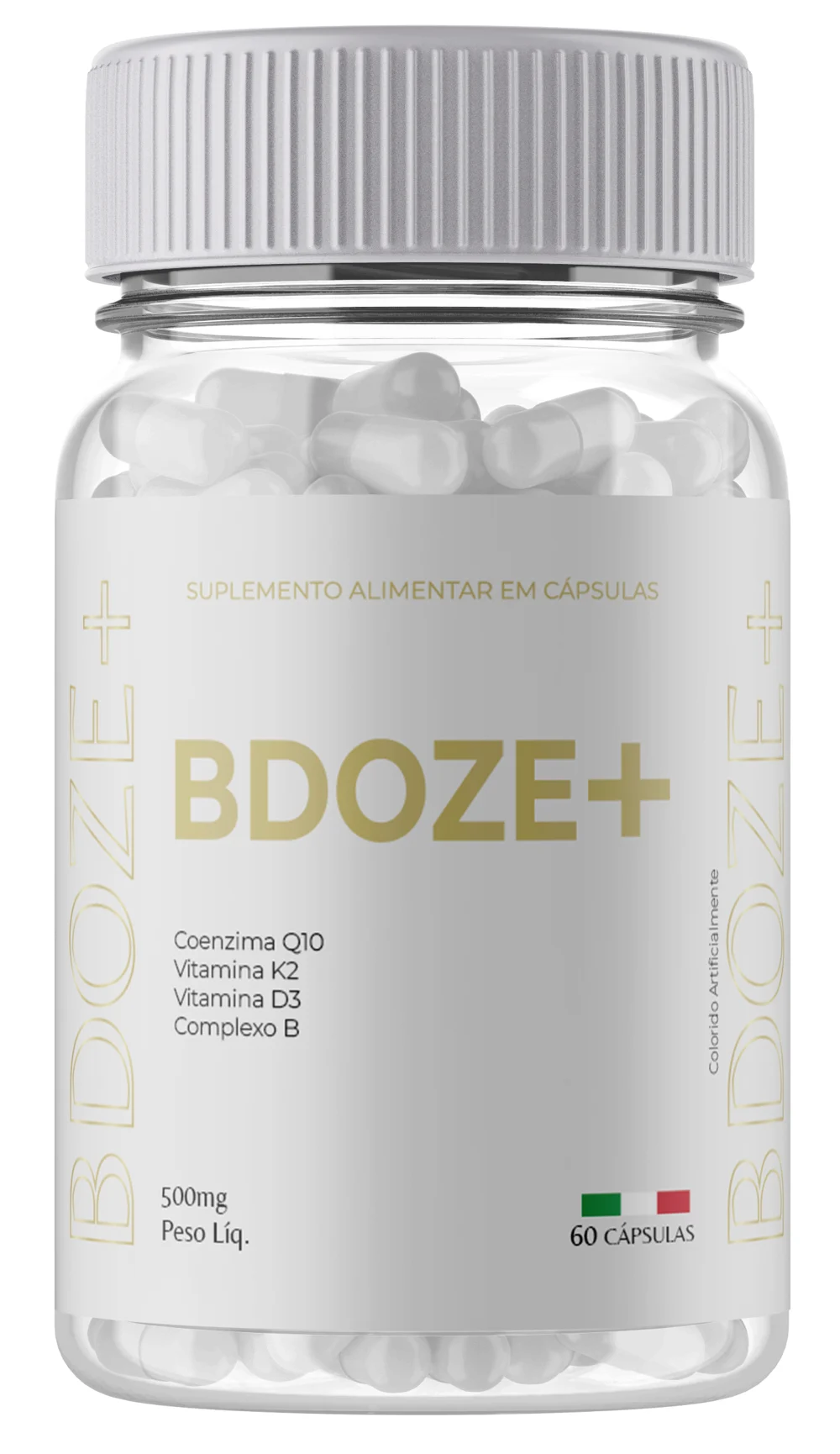 Frasco transparente do suplemento BDOZE+, com tampa cinza, rótulo cinza e dourado, 500 mg e 60 cápsulas, listando coenzima Q10, vitamina K2, vitamina D3 e complexo B