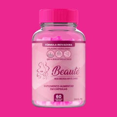 Pote rosa translúcido de suplemento Beauté, fórmula inovadora com colágeno hidrolisado, 60 cápsulas, sobre fundo rosa pink