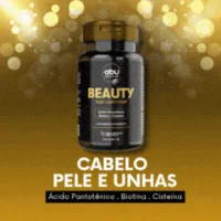 Frasco preto do suplemento Beauty Caps para cabelo, pele e unhas, com rótulo citando ácido pantotênico, biotina e cisteína, sobre fundo dourado
