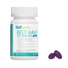 Pote branco da Belt Nutrition, Belt Hair Nail and Skin Plus, com 30 cápsulas, ao lado de duas cápsulas gelatinosas roxas