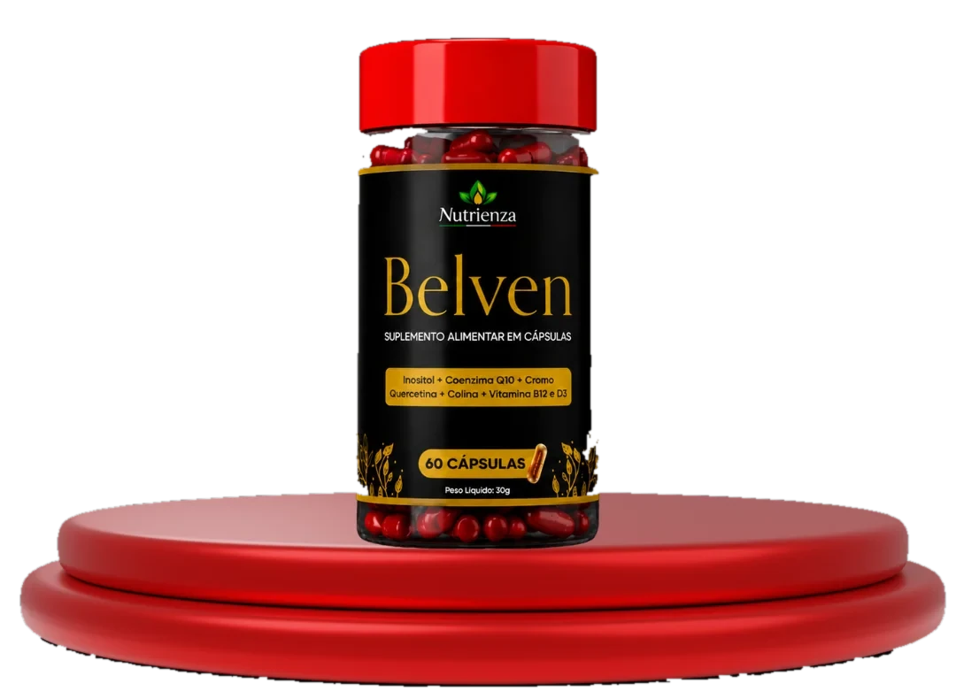 Pote de Belven, suplemento alimentar em cápsulas da Nutrienza, com tampa vermelha e rótulo preto e dourado, 60 cápsulas, sobre um pódio vermelho