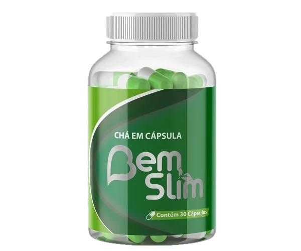 Pote transparente de BemSlim com rótulo verde, escrito "Chá em cápsula" e "Contém 30 cápsulas"