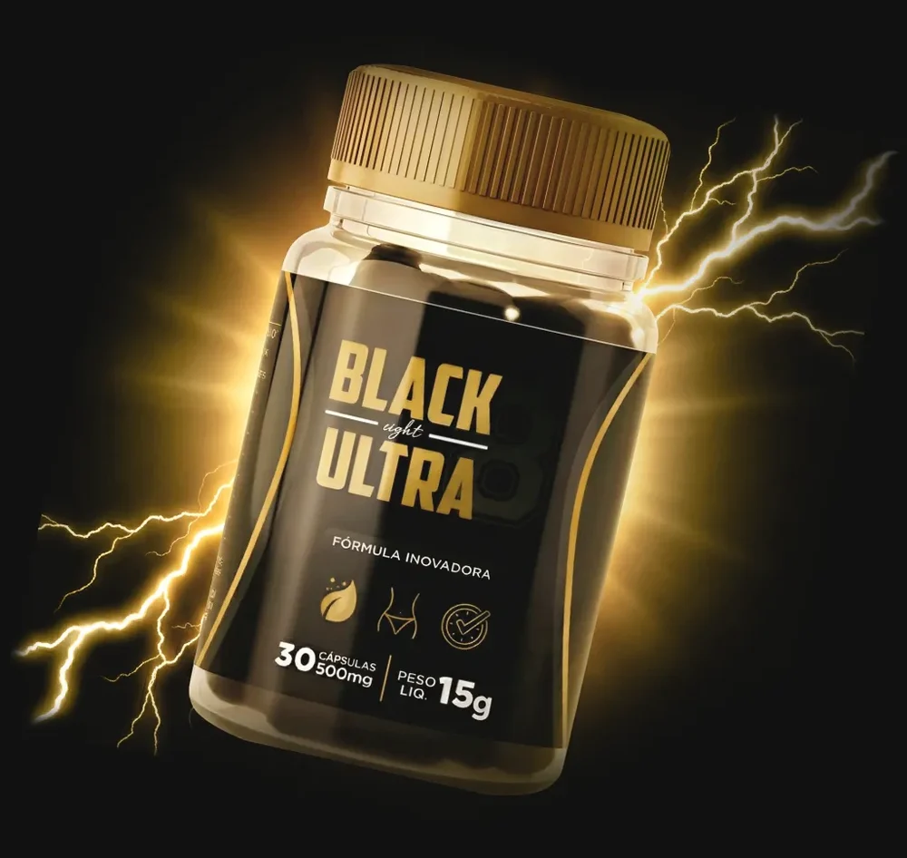 Pote transparente com tampa dourada e rótulo preto Black Eight Ultra, 30 cápsulas de 500 mg, peso líquido 15 g, com raios de luz ao fundo