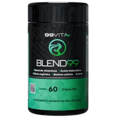 Frasco preto do suplemento BLEND99 da 99Vita+, com 60 cápsulas, rótulo listando vitaminas, ácido hialurônico, silício orgânico, biotina, selênio e cromo