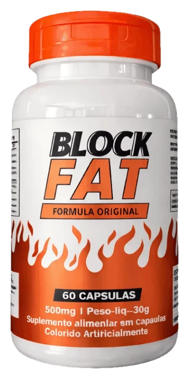 Pote do BlockFat Fórmula Original, 60 cápsulas de 500 mg, rótulo branco e laranja com chamas, tampa laranja