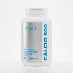 Frasco branco do suplemento Cálcio 600 da Joie, com 60 cápsulas, rótulo com a marca Joie e a inscrição suplemento alimentar em cápsulas