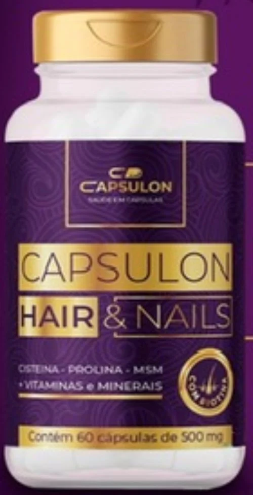 Frasco roxo com tampa dourada do suplemento Capsulon Hair & Nails, 60 cápsulas de 500 mg, com cisteína, prolina, MSM, vitaminas e minerais