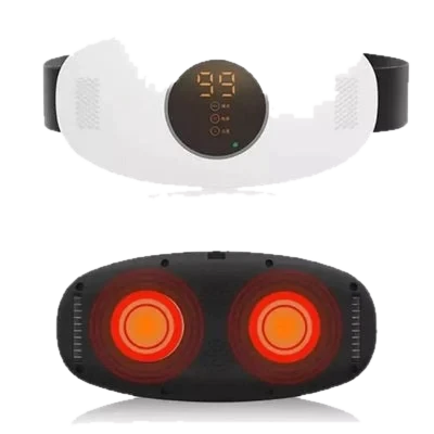 Cinto massageador branco com painel digital circular na frente e, abaixo, a parte interna preta com dois discos redondos vermelhos