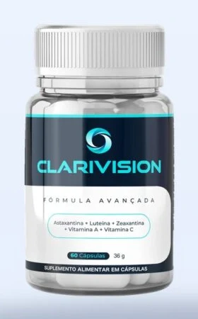 Pote do suplemento ClariVision, 60 cápsulas, 36 g, com rótulo azul-escuro e a lista astaxantina, luteína, zeaxantina, vitamina A e vitamina C